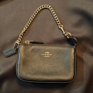 Coach Black Leather Wristlet with Gold Chain